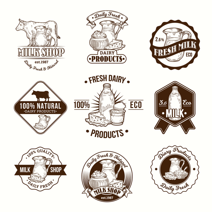 Set of vector illustrations, badges, stickers, labels, logo, stamps for milk and dairy products
